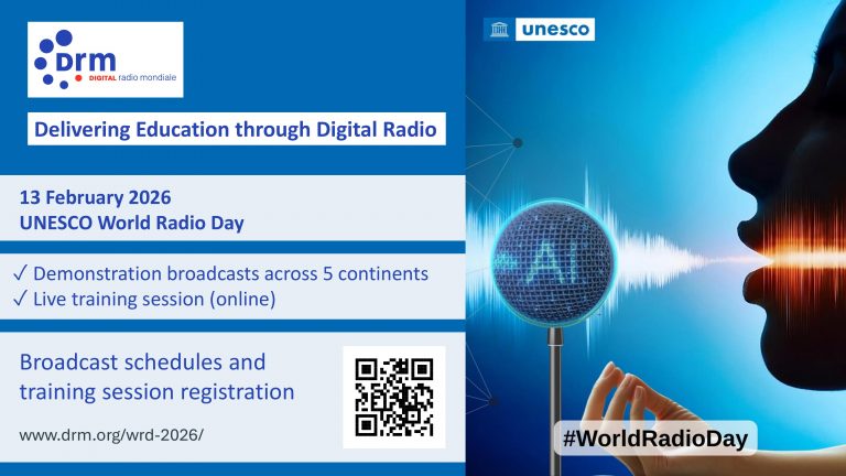 Invitation graphic for DRM’s activities on UNESCO World Radio Day 2026. The image announces demonstration radio broadcasts across five continents and an online live training session, with a QR code and link to further information.